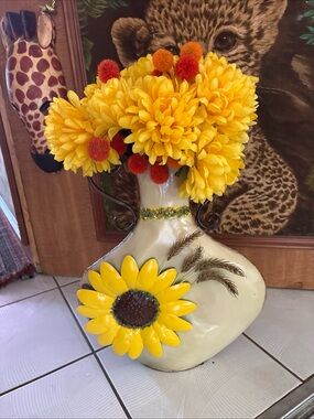 Yellow Sunflower metal  holder with 3-D sunflower/ Yellow Floral Arrangement